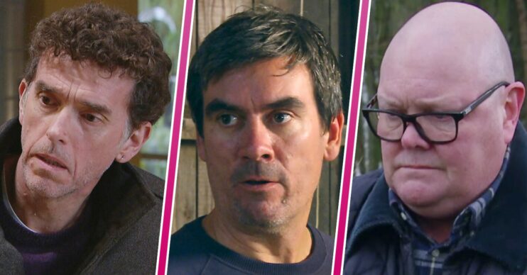 Composite of Paddy, Marlon and Cain on Emmerdale, all looking worried and miserable (Credit: ITV/Composite: Entertainment Daily)