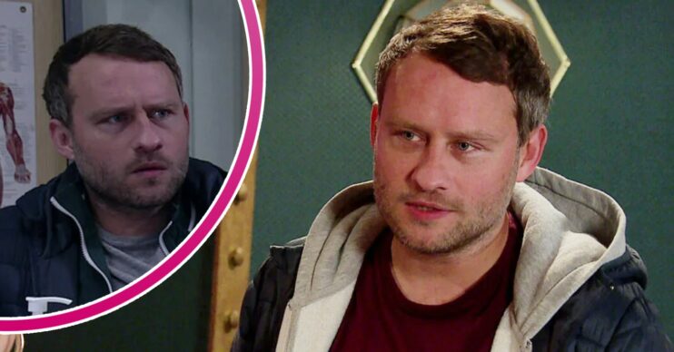 Paul smiling as he talks to Gemma on Coronation Street; inset, he looks worried (Credit: ITV)