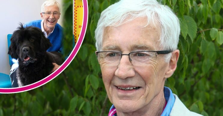 Paul O'Grady smiling with dog on For the Love of Dogs, and at Chelsea Flower Show