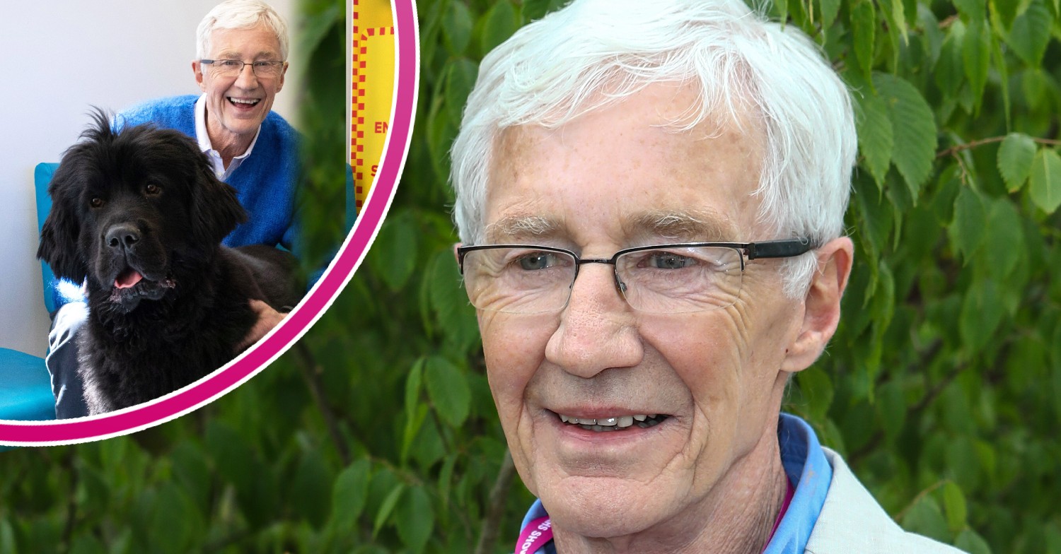 Paul O'Grady smiling with dog on For the Love of Dogs, and at Chelsea Flower Show