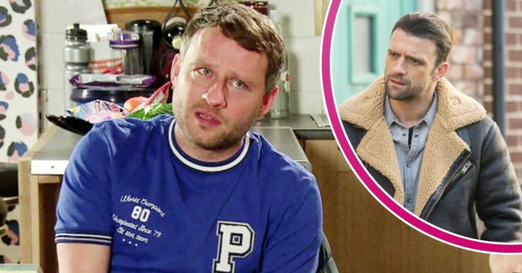 Paul looks worried on Coronation Street; inset, Damon looking dodgy (Credit: ITV/Composite: Entertainment Daily)