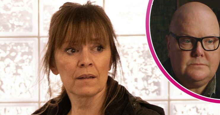 Rhona looks worried on Emmerdale; inset, Paddy is desolate and serious (Credit: ITV/Composite: Entertainment Daily)