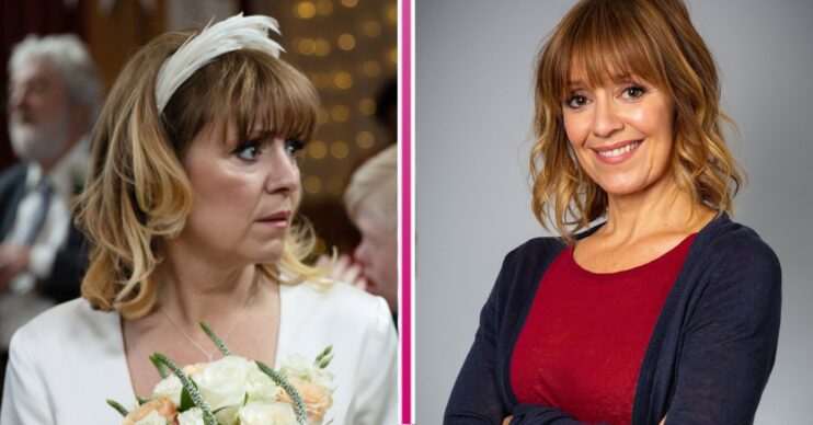 Rhona Goskirk in a wedding dress next to a picture of her looking at the camera