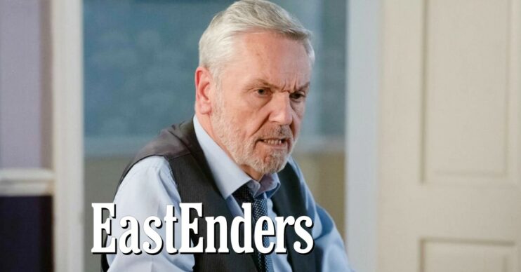 Rocky looks worried on EastEnders - inset, show logo (Credit: BBC/Composite: Entertainment Daily)
