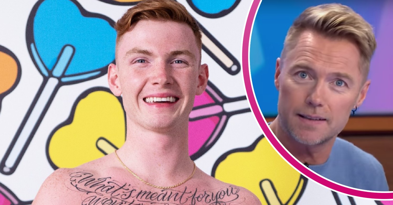 Jack Keating smiles, Ronan Keating looks to camers