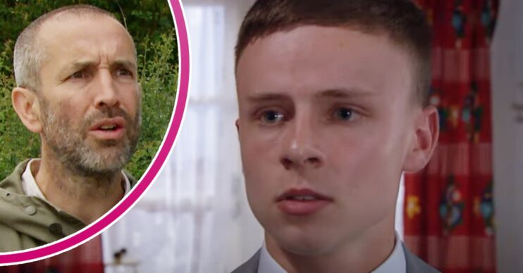 Samson looks worried on Emmerdale; inset, Sam is angry about something (Credit: ITV/Composite: Entertainment Daily)