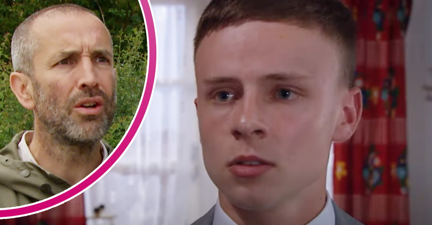 Samson looks worried on Emmerdale; inset, Sam is angry about something (Credit: ITV/Composite: Entertainment Daily)