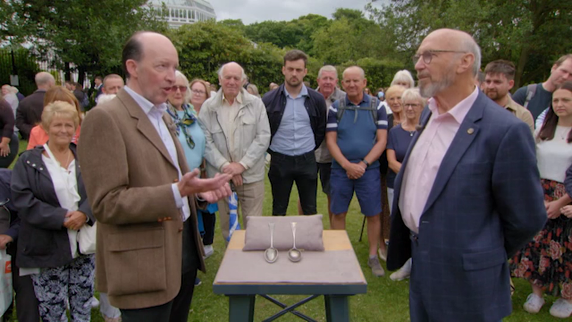 Gordon and the guest with the two spoons on Antiques Roadshow