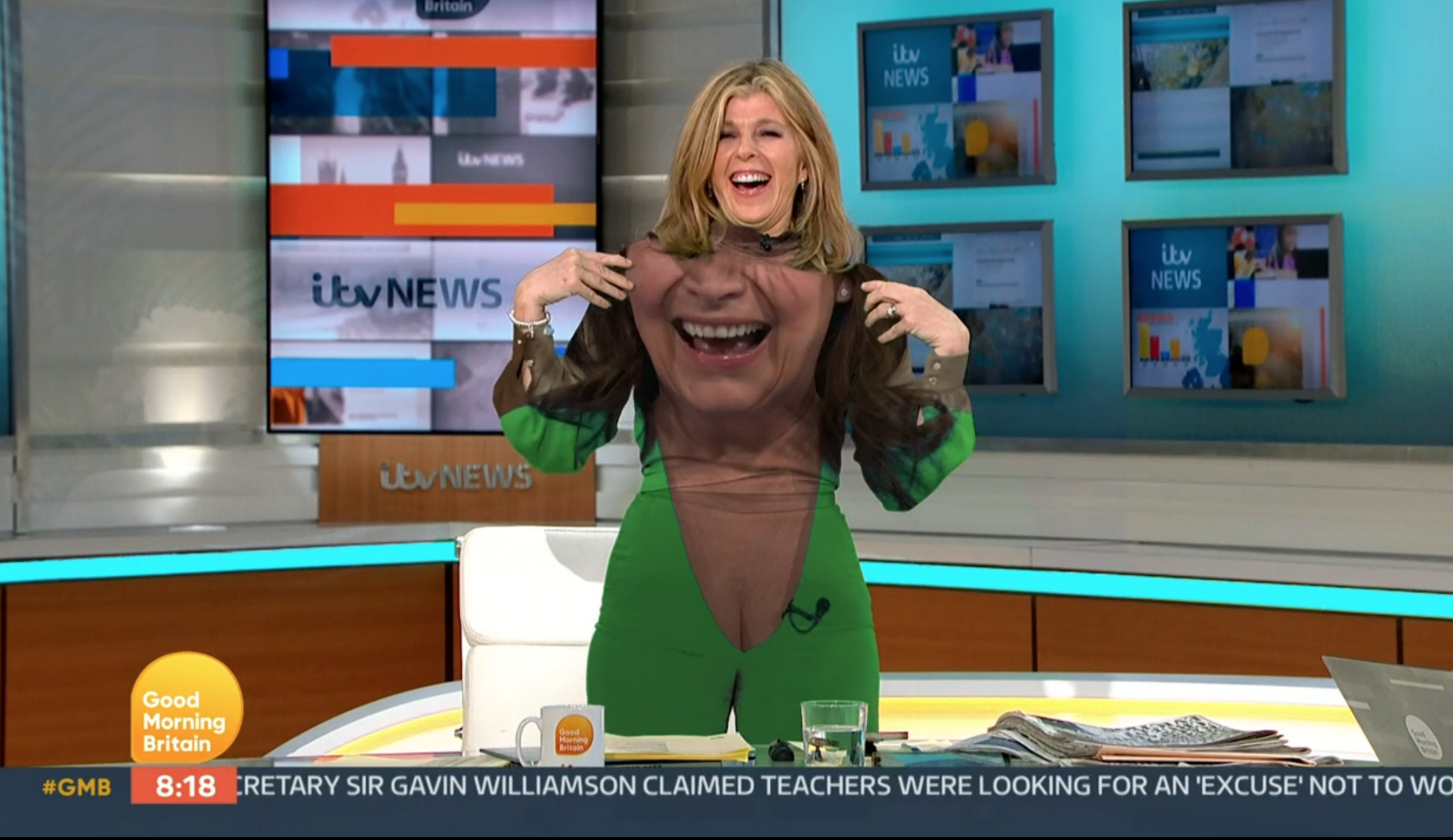 Kate Garraway with Lorraine's face projected onto her body