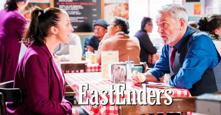 Sonia and Rocky in deep conversation at the cafe on EastEnders; inset, show logo (Credit: BBC/Composite: Entertainment Daily)