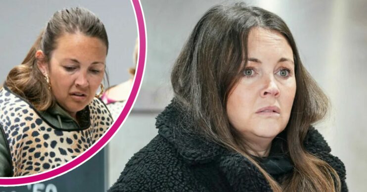 Stacey looking worried on EastEnders; inset, wearing her cleaning uniform (Credit: BBC/Composite: Entertainment Daily)