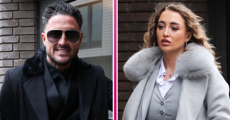 Stephen Bear and Georgia Harrison outside court today