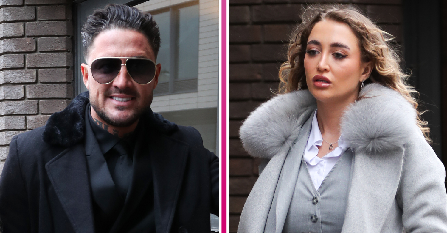 Stephen Bear and Georgia Harrison outside court today