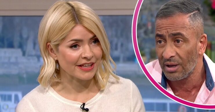 Holly Willoughby talking and Reed Domingo looking upset on This Morning