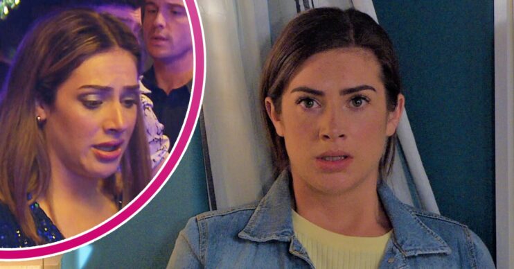 Victoria looks shocked on Emmerdale; inset, having a panic attack in a club (Credit: ITV/Composite: Entertainment Daily)