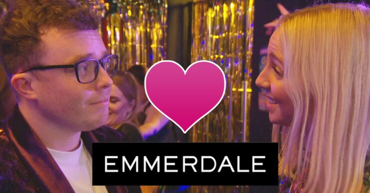 Vinny and Belle on Emmerdale smiling at each other with heart emoji and soap logo (Credit: ITV/Composite: Entertainment Daily)