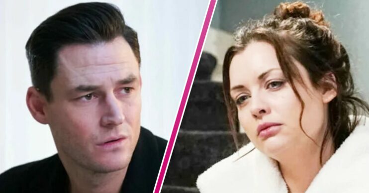 Zack looks worried on EastEnders, inset, Whitney (separated by pink border) is upset and tearful (Credit: BBC/Composite: Entertainment Daily)