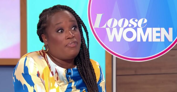 Charlene White looking shocked with the Loose Women logo