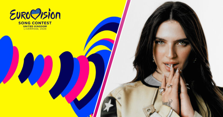 Eurovision 2023 logo with Mae Muller posing