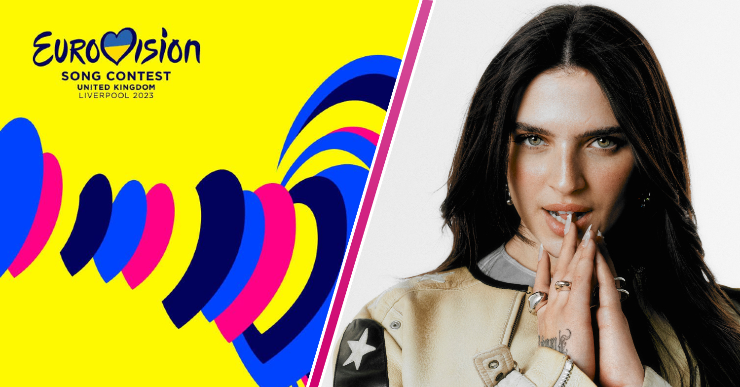Eurovision 2023 logo with Mae Muller posing