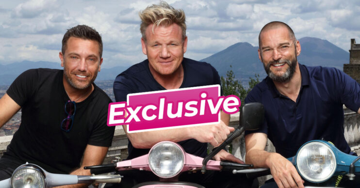 Gino, Gordon and Fred pose on motorbikes on Road Trip