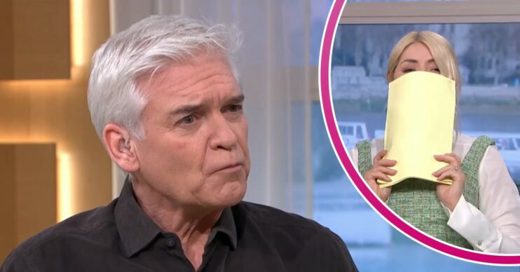 Phillip Schofield eating / Holly Willoughby covering her face with her script on This Morning today