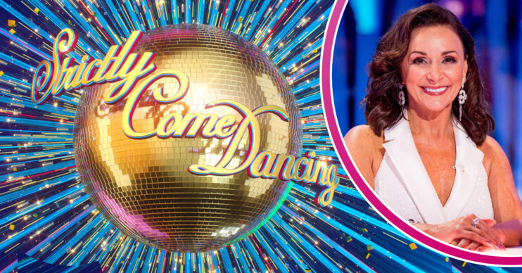 Shirley Ballas smiles next to Strictly logo