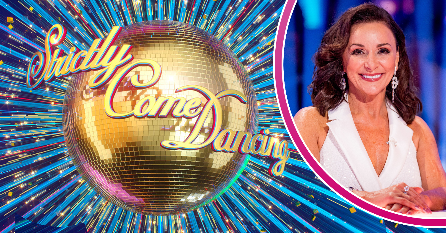 Shirley Ballas smiles next to Strictly logo
