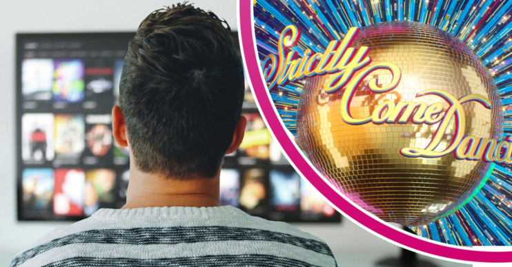 Man with his back to camera, watching TV / Strictly logo
