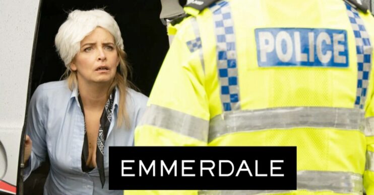 Charity looks horrified as she is confronted by a police officer on Emmerdale, show logo inset (Credit: ITV/Composite: Entertainment Daily)