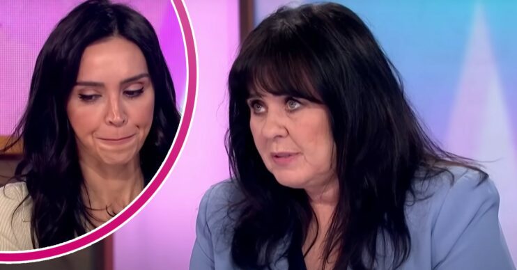 Christine Lampard looks down during Loose Women, Coleen Nolan looks upwards