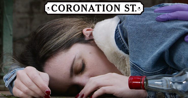 Coronation Street's Amy is unconscious on the floor next to a bottle of vodka, with the Coronation Street logo