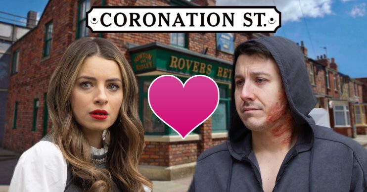 Coronation Street's Daisy, Ryan, a love heart, Coronation Street logo and background of the Rovers