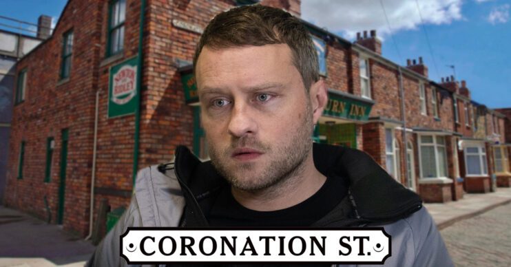 Coronation Street's Paul with the Coronation Street logo and background of the Rovers