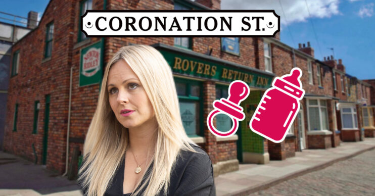 Coronation Street's Sarah is with the Coronation Street logo and background of the Rovers with a baby bottle and dummy