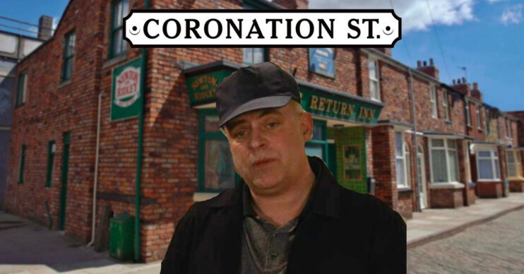 Coronation Street's Steve is wearing a hat in front of the Coronation Street logo and background of the Rovers
