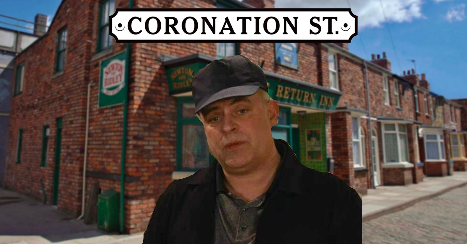 Coronation Street's Steve is wearing a hat in front of the Coronation Street logo and background of the Rovers