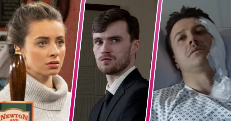 Composite image of Daisy, Justin and Ryan on Corrie; she looks scared, Ryan is in hospital, bandaged, and Justin looks sinister (Credit: ITV/Composite: Entertainment Daily)