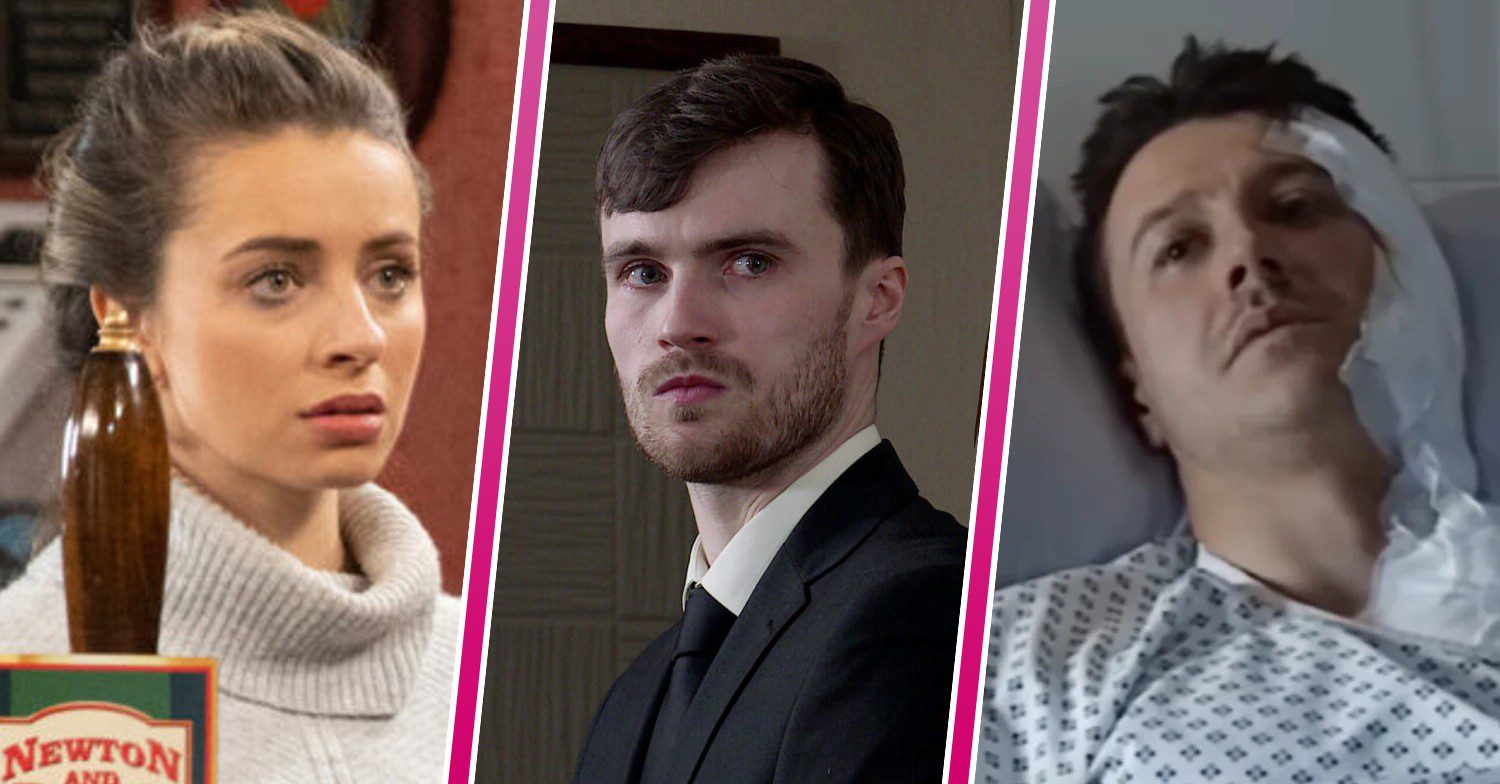 Composite image of Daisy, Justin and Ryan on Corrie; she looks scared, Ryan is in hospital, bandaged, and Justin looks sinister (Credit: ITV/Composite: Entertainment Daily)