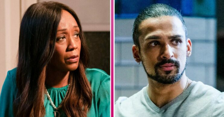 Composite image of Denise and Ravi on EastEnders, both looking secretive