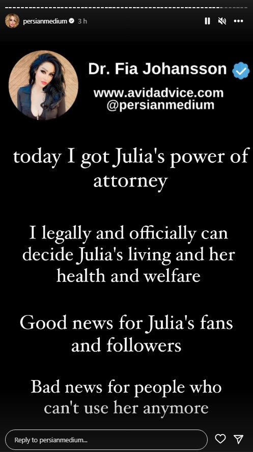 Dr Fia's Instagram Story post revealing she has power of attorney for Julia Wandelt