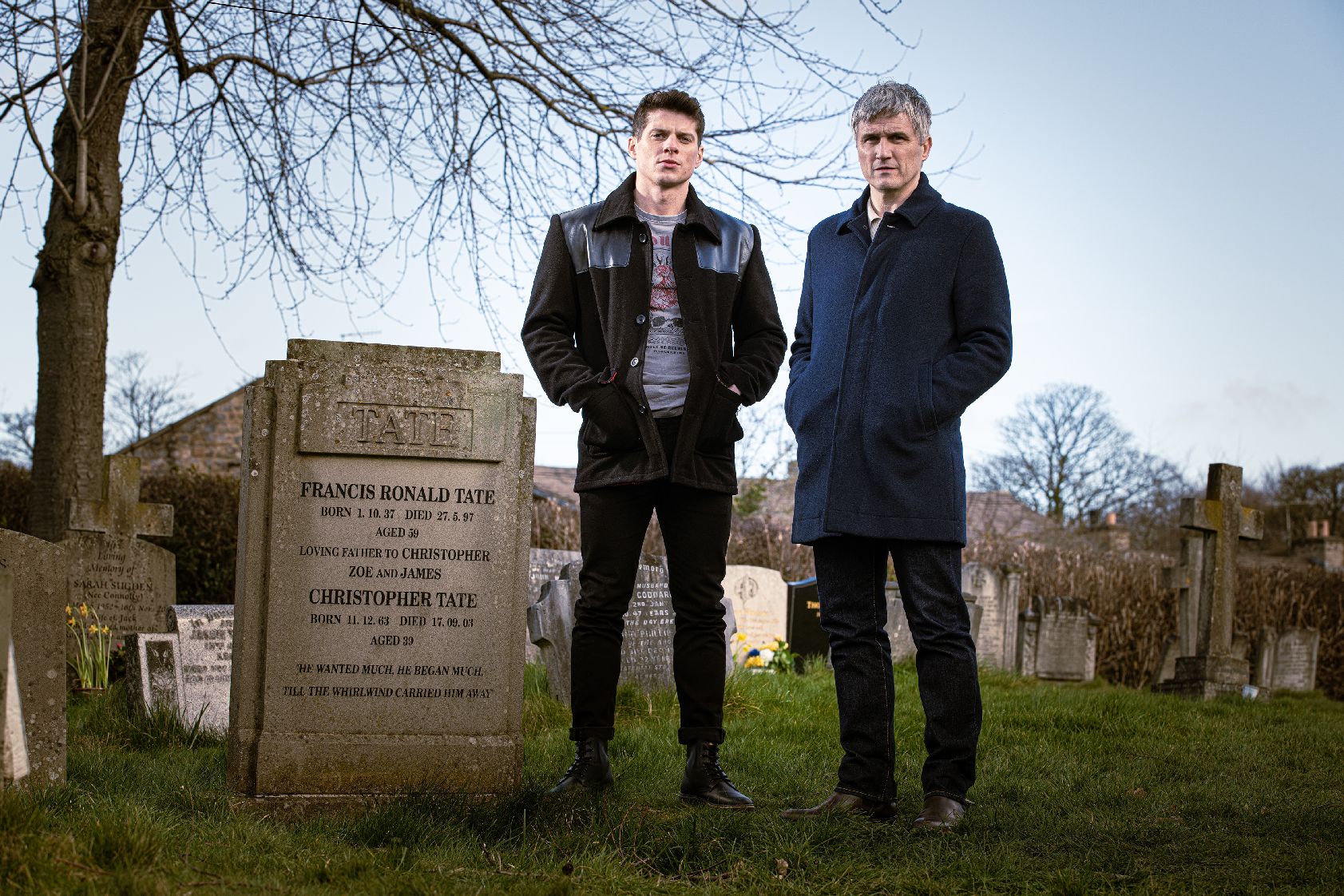 Emmerdale's Nicky and Caleb are standing outside of Frank Tate's headstone