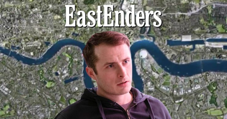 EastEnders' Ben Mitchell with the EastEnders logo and background of the Thames