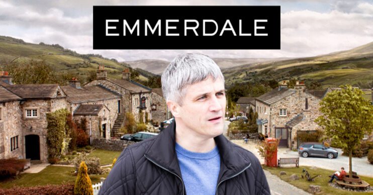 Emmerdale's Caleb is with the Emmerdale background and logo