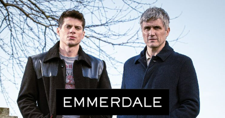 Emmerdale's Nicky and Caleb are standing together with the Emmerdale logo