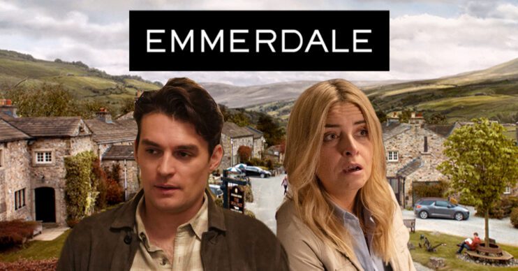 Emmerdale's Mack and Charity are with the Emmerdale logo and background