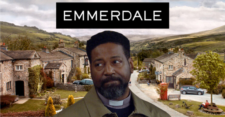 Emmerdale's Charles with the Emmerdale logo and background