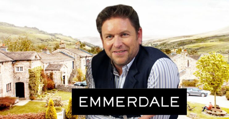 James Martin smiling; composited against the Emmerdale logo and background (Credit: ITV/YouTube/ Composite: Entertainment Daily)