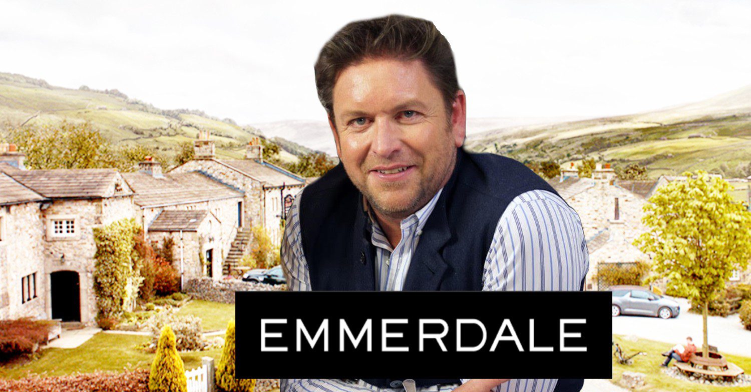 James Martin smiling; composited against the Emmerdale logo and background (Credit: ITV/YouTube/ Composite: Entertainment Daily)