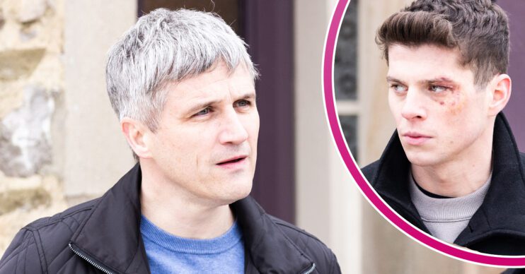 Emmerdale's Caleb looks confrontational and, in a bubble, Nicky looks angry